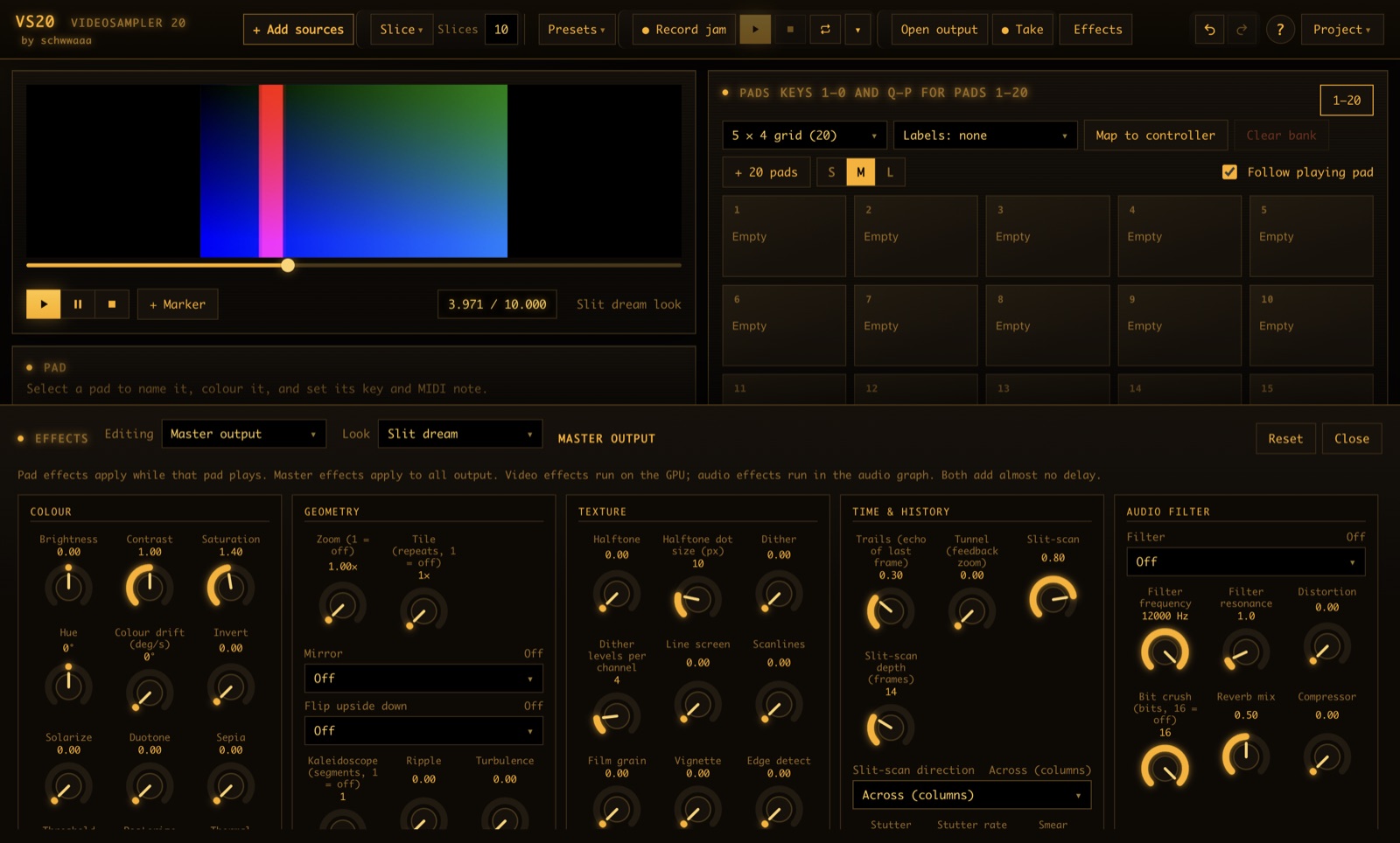 The effects rack open at the bottom of VS20, with colour, geometry, texture and time controls