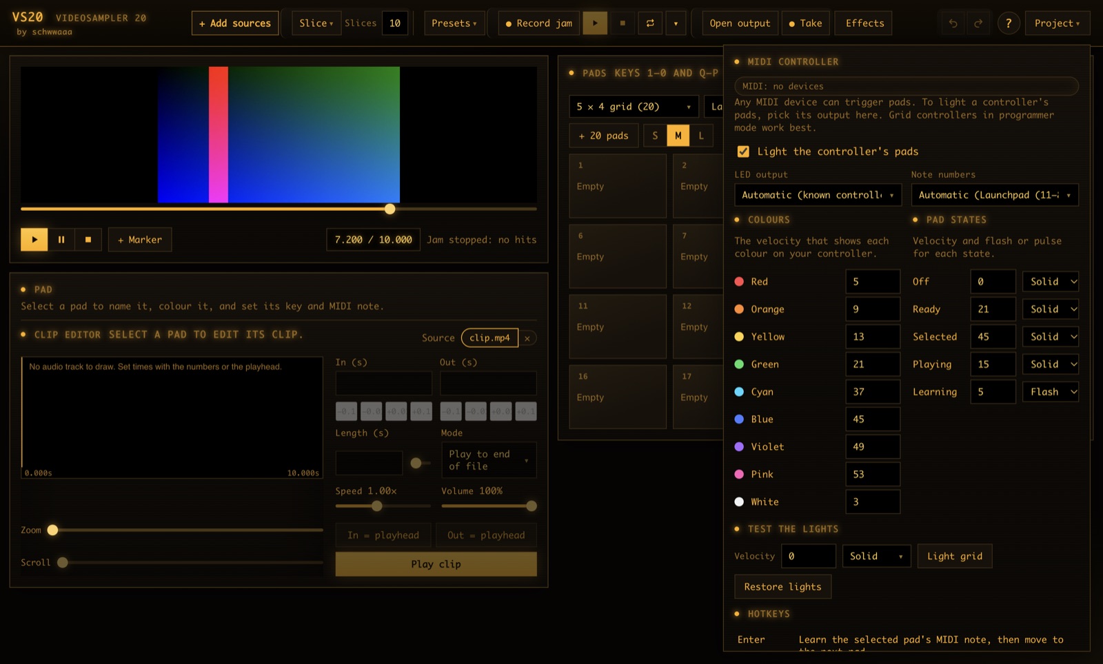 The MIDI controller panel in VS20, with LED colours and pad states