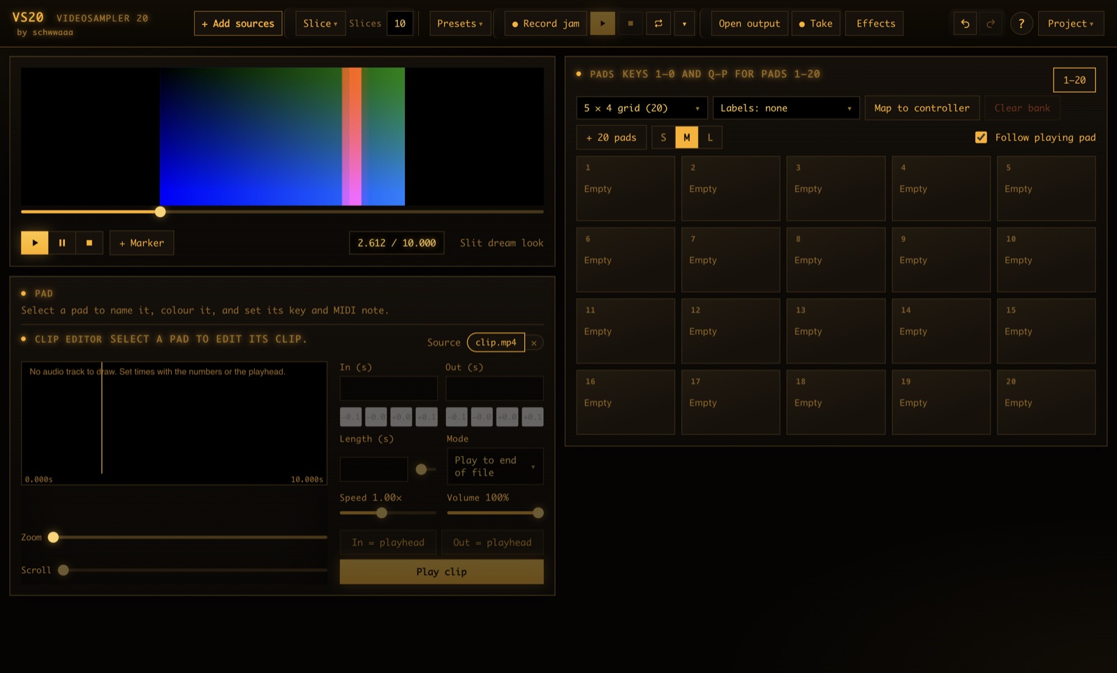 VS20 monitor showing a clip with the Slit dream look applied
